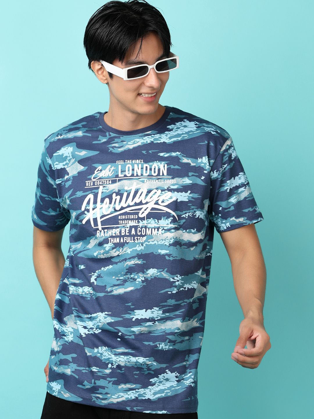 

V-Mart Abstract Printed Round Neck Short Sleeves Cotton Casual T-Shirt, Blue