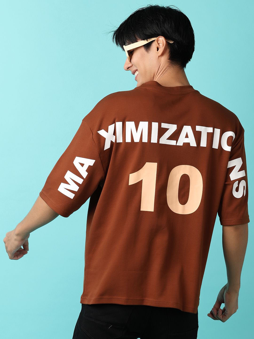 

V-Mart Typography Printed Round Neck Drop-Shoulder Sleeves Cotton Casual T-Shirt, Brown