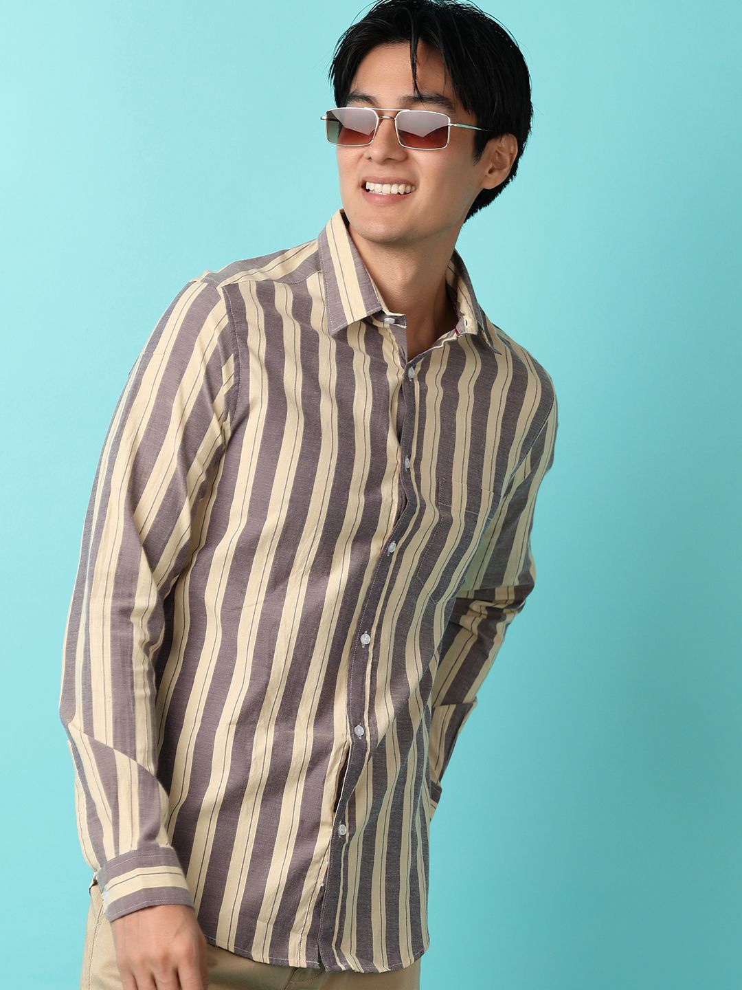 

V-Mart Spread Collar Long Sleeves Slim Fit Cotton Slim Fit Striped Casual Shirt, Blue