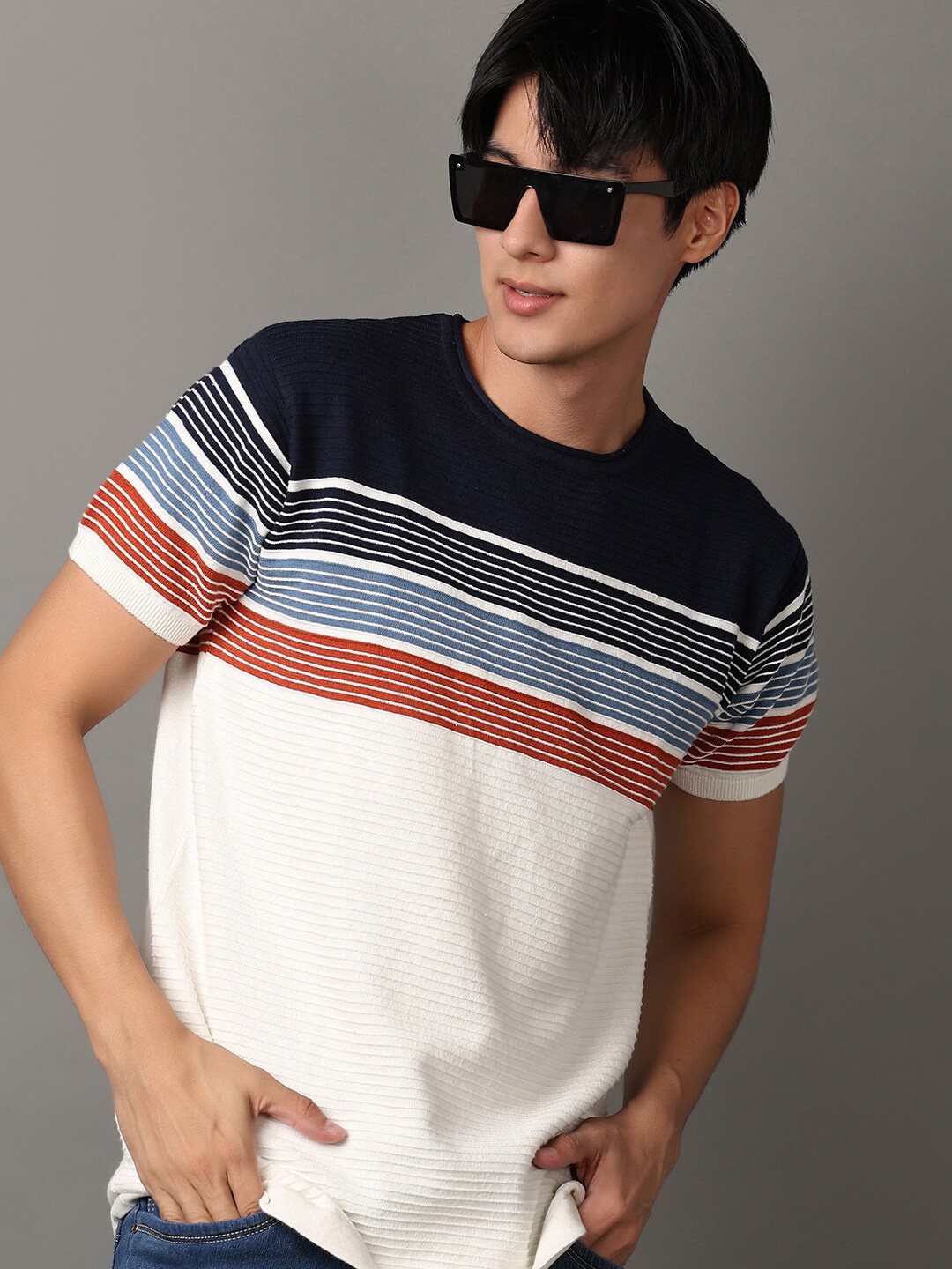 

V-Mart Slim Fit Striped Round Neck Short Sleeves Cotton Casual T-shirt, Off white