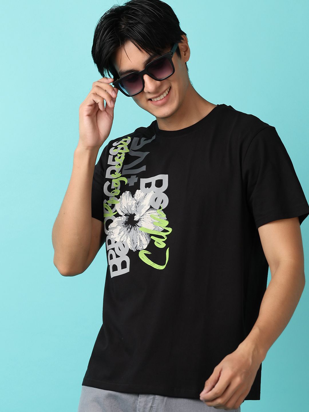 

V-Mart Typography Printed Round Neck Short Sleeves Slim Fit Cotton Casual T-Shirt, Black