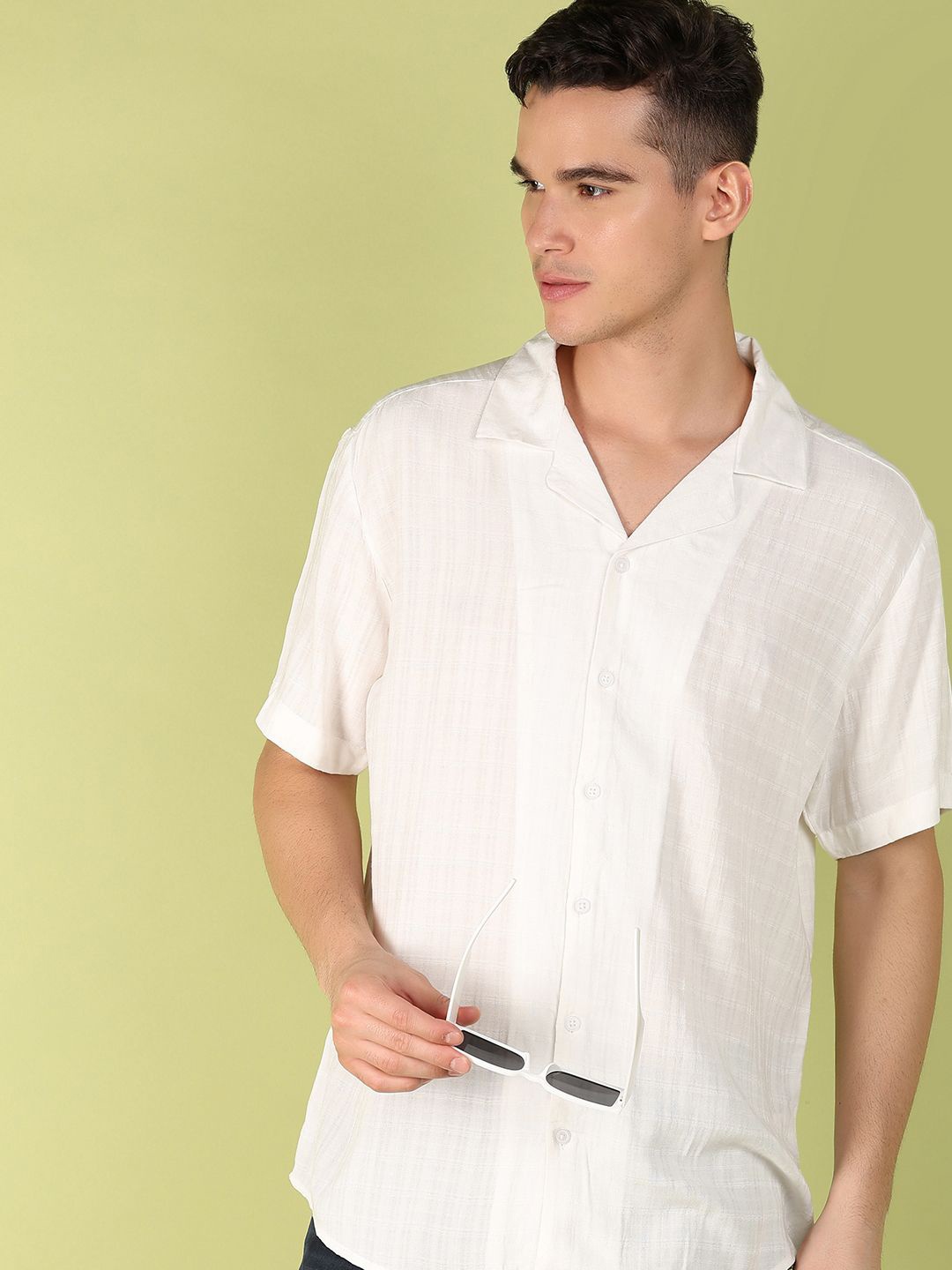

V-Mart Checked Cuban Collar Cotton Casual Shirt, White