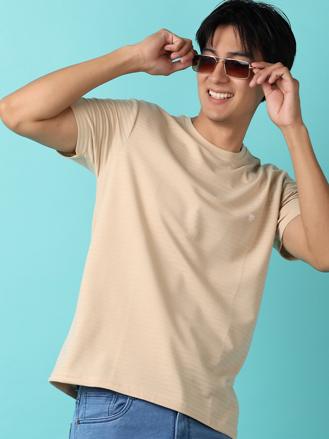 

V-Mart Self Design Round Neck Short Sleeves Slim Fit Cotton Casual T-Shirt, Beige