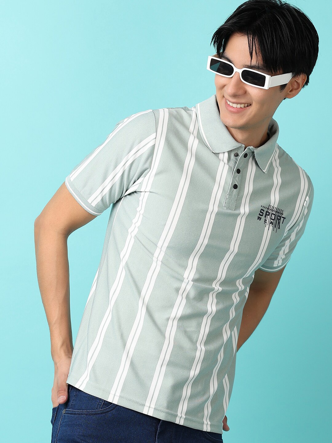 

V-Mart Striped Polo Collar Short Sleeves Slim Fit Casual T-Shirt, Green