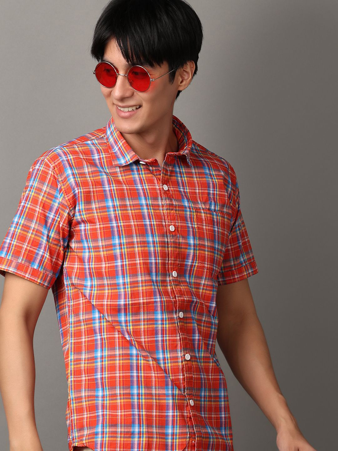 

V-Mart Slim Fit Tartan Checked Spread Collar Cotton Casual Shirt, Orange