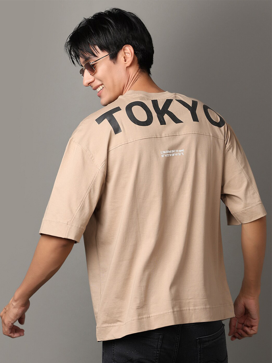 

V-Mart Round Neck Drop Shoulder Sleeves Cotton Oversized T-shirt, Beige