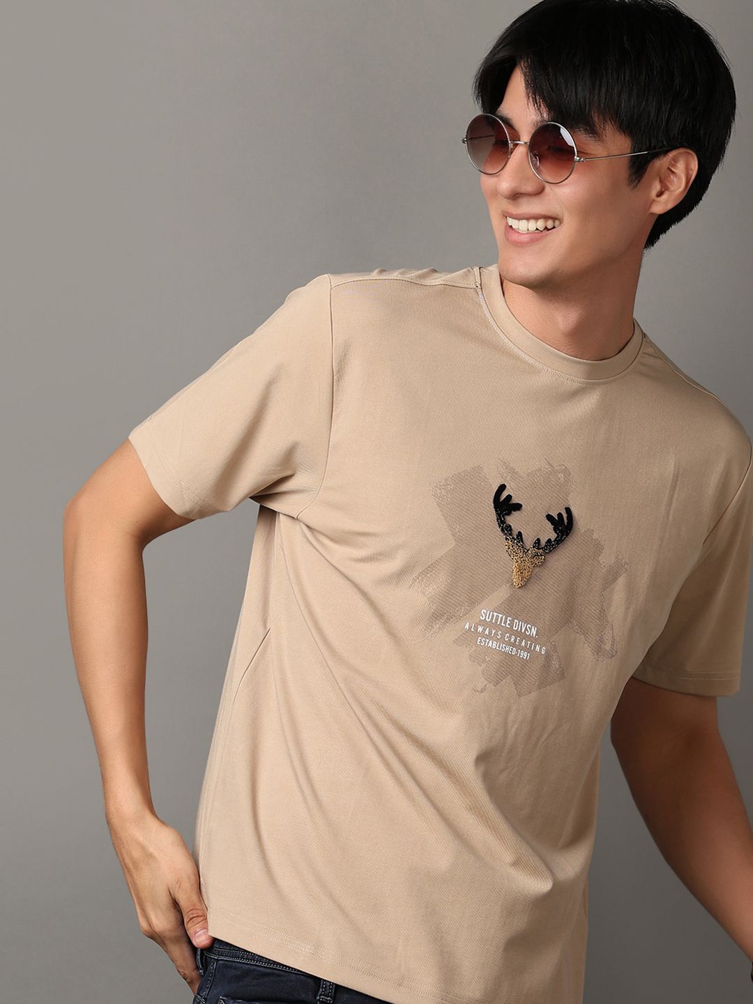 

V-Mart Graphic Printed Round Neck Pure Cotton Casual Shirt, Beige