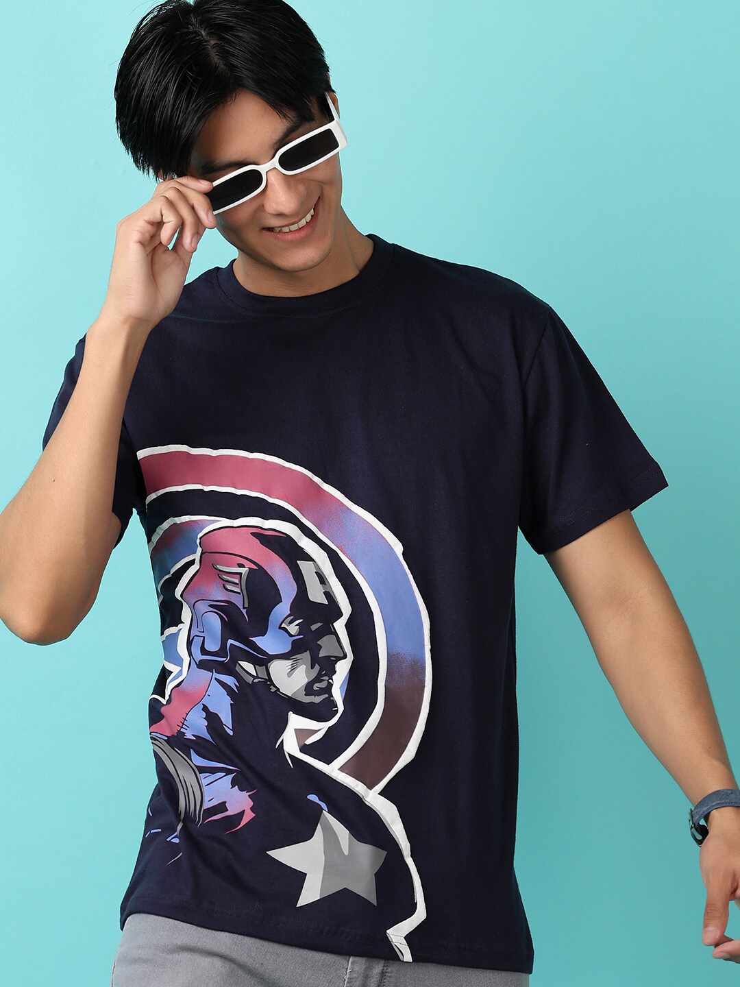 

V-Mart Graphic Printed Round Neck Short Sleeves Cotton Casual T-Shirt, Navy blue