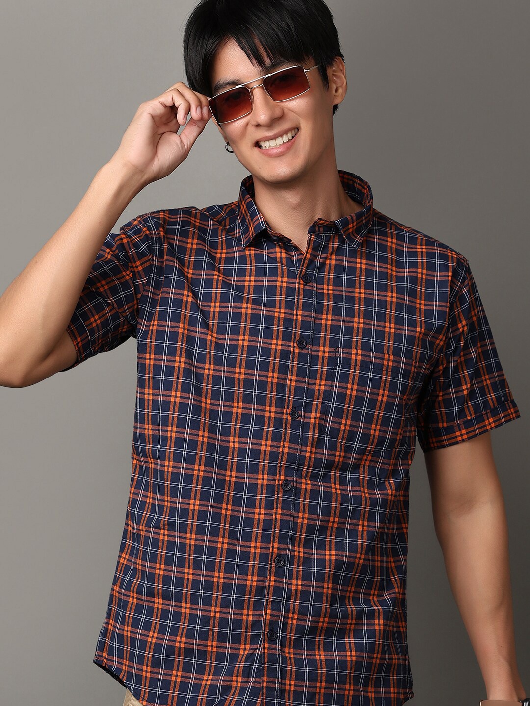 

V-Mart Slim Fit Spread Collar Tartan Checks Checked Cotton Casual Shirt, Orange