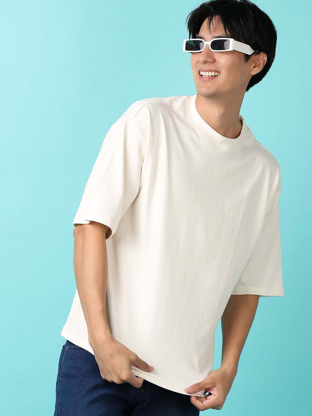 

V-Mart Round Neck Drop-Shoulder Sleeves Cotton Casual T-Shirt, Off white