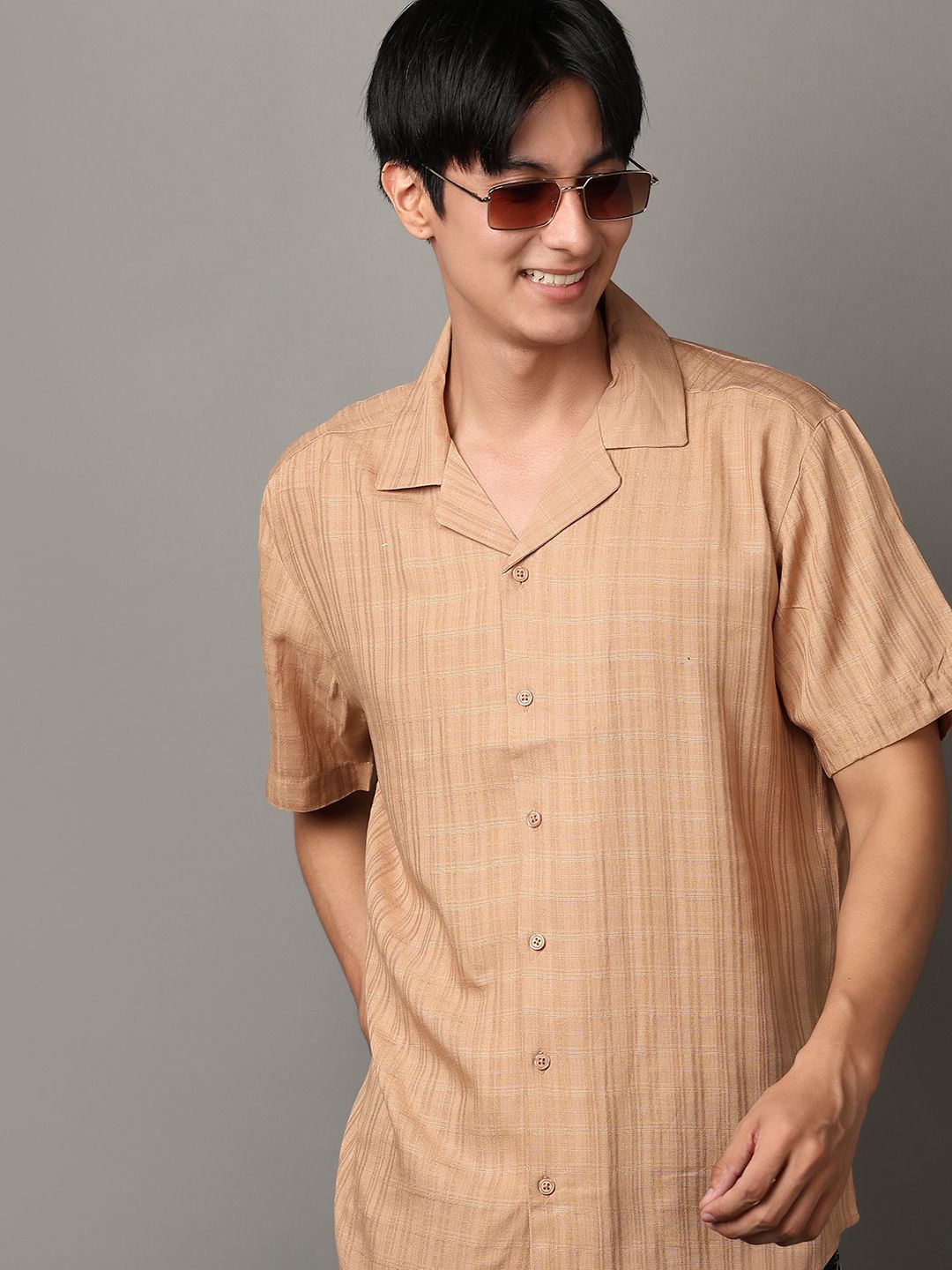 

V-Mart Cuban Collar Striped Cotton Casual Shirt, Brown