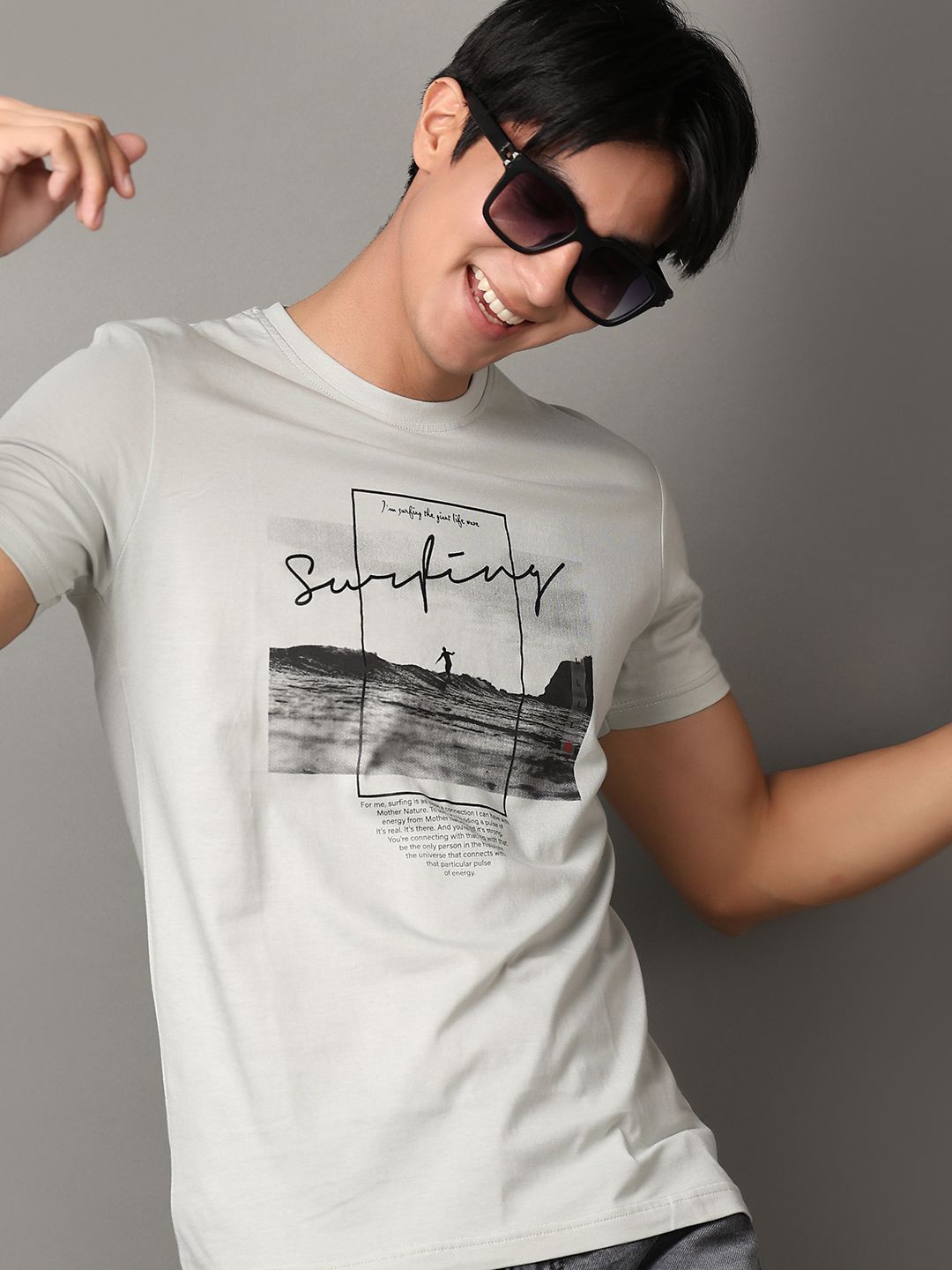 

V-Mart Graphic Printed Round Neck Short Sleeves Slim Fit Cotton Casual T-Shirt, Grey
