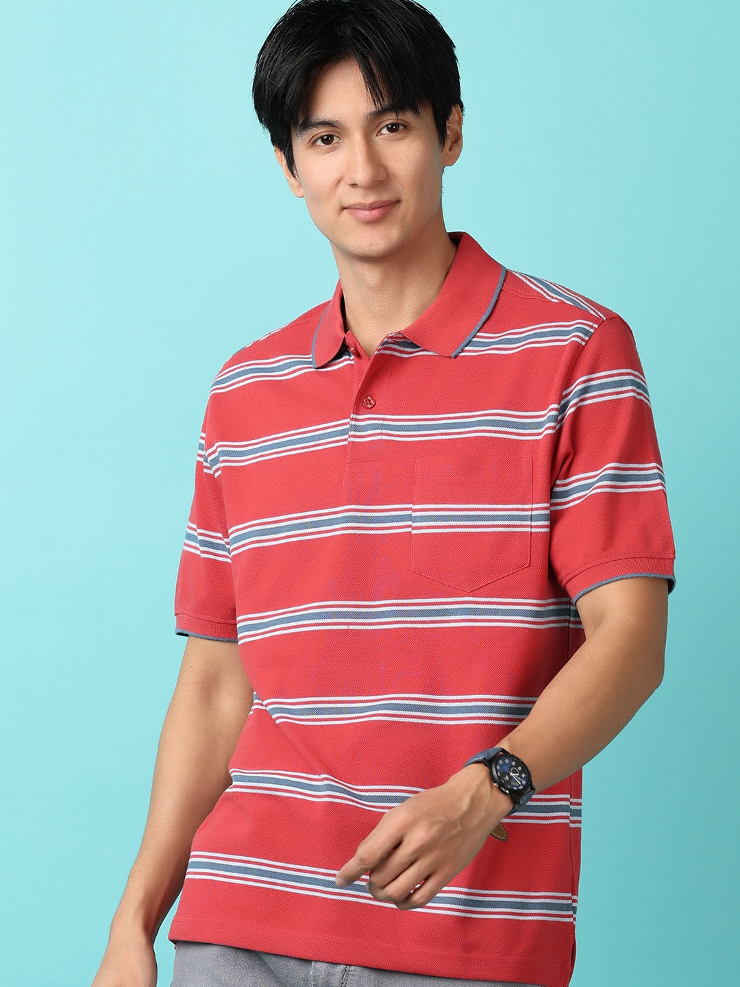 

V-Mart Polo Collar Short Sleeves Horizontal Stripes Cotton Regular Fit Casual Shirt, Rust