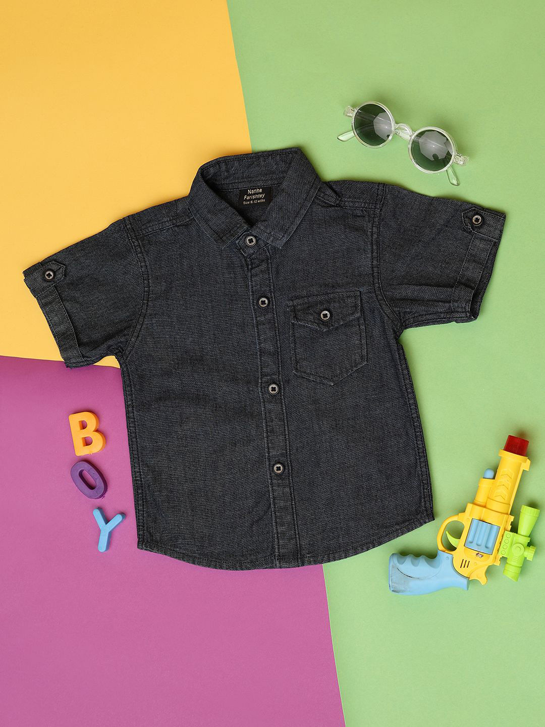 

V-Mart Unisex Kids Spread Collar Short Sleeves Denim Regular Fit Casual Shirt, Blue