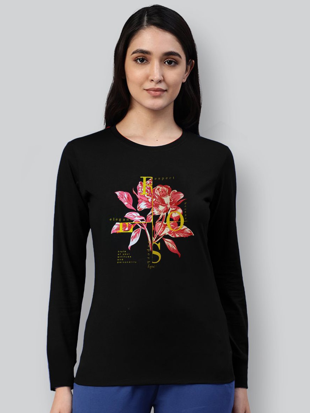 

LYRA Women Round Neck Floral Printed Cotton T-shirt, Black