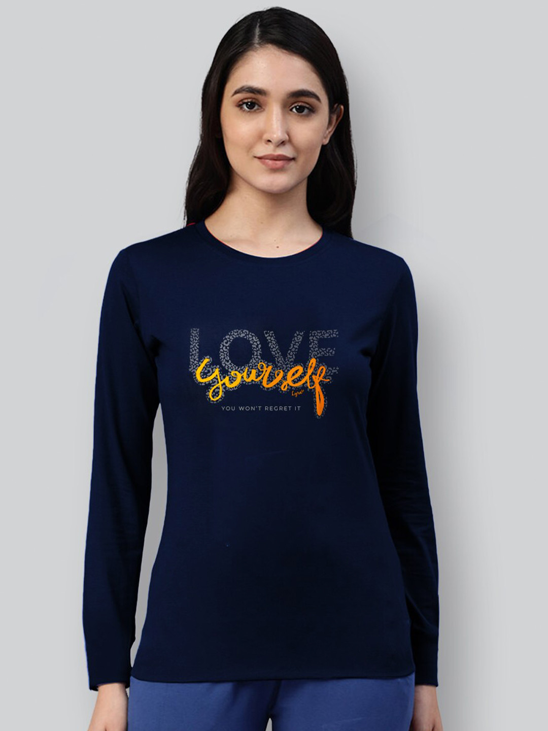 

LYRA Women Round Neck Typography Printed Cotton T-shirt, Navy blue