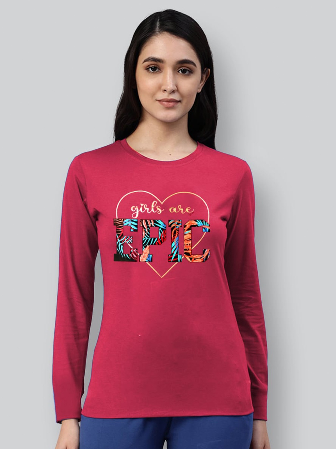 

LYRA Women Round Neck Typography Printed Cotton T-shirt, Pink