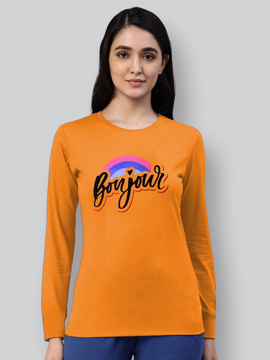 

LYRA Women Round Neck Typography Printed Cotton T-shirt, Mustard