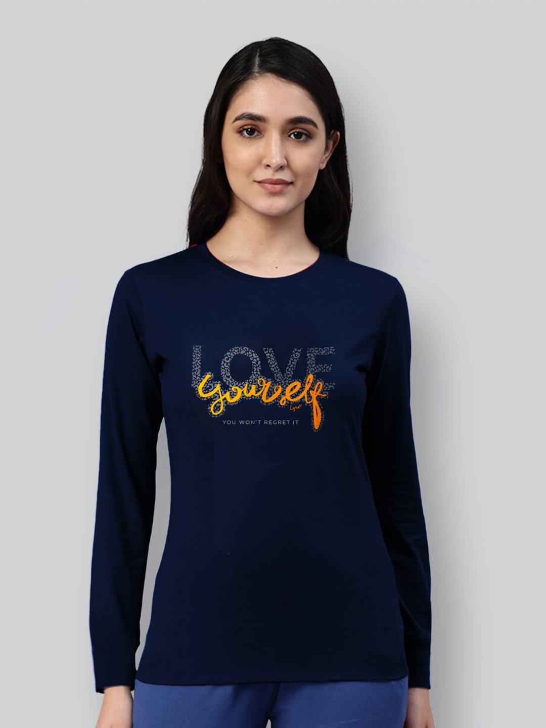 

LYRA Women Round Neck Typography Printed Cotton T-shirt, Navy blue