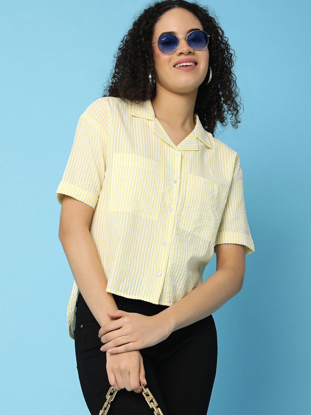 

UNLIMITED Opaque Striped Cotton Casual Shirt, Yellow