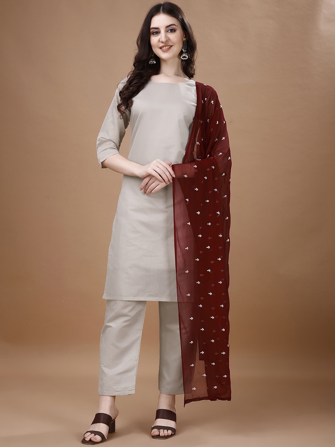 

WORIVOC Women Regular Chanderi Silk Kurta with Trousers & With Dupatta, Rust