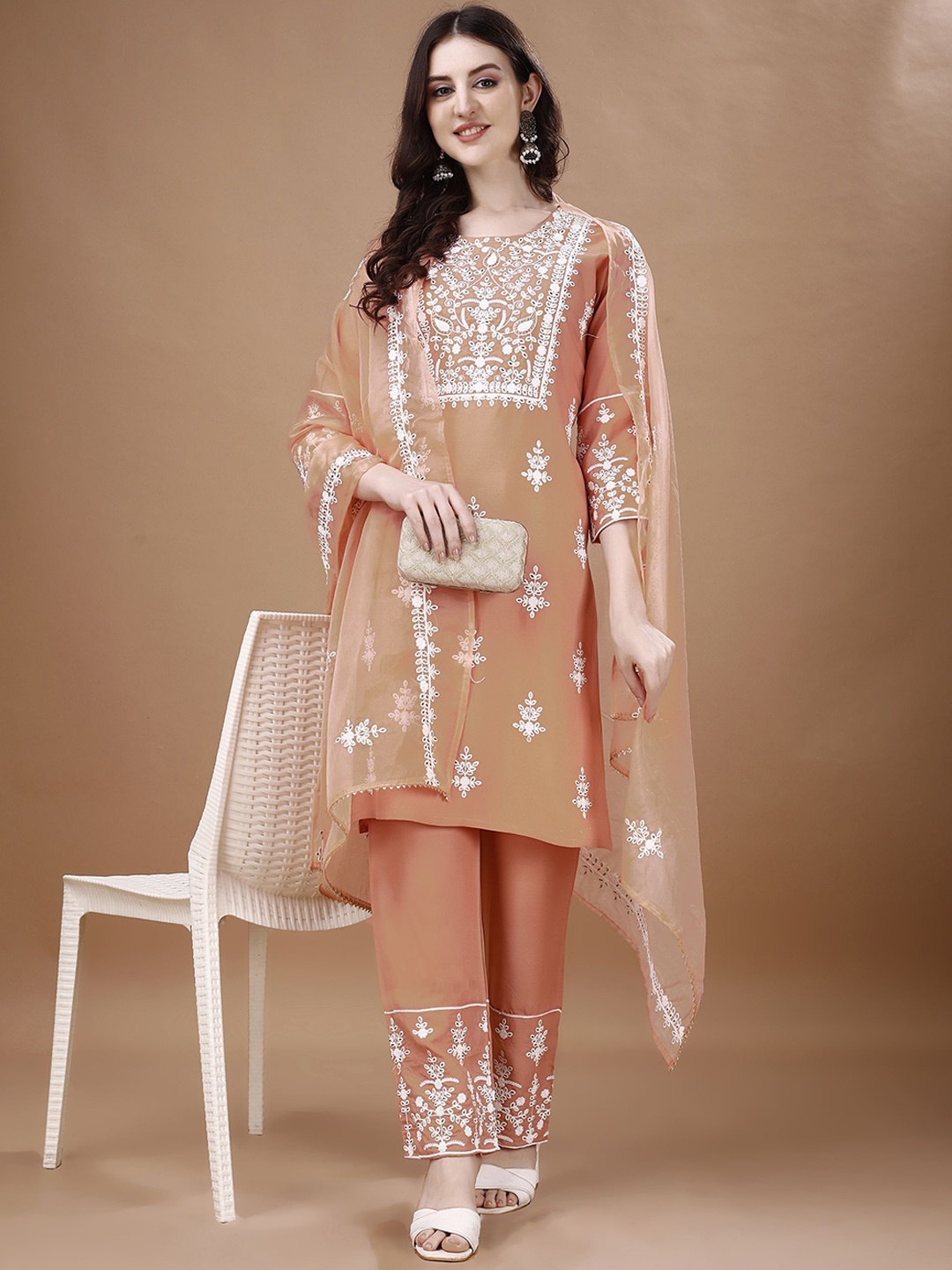 

WORIVOC Women Embroidered Regular Kurta with Trousers & With Dupatta, Peach