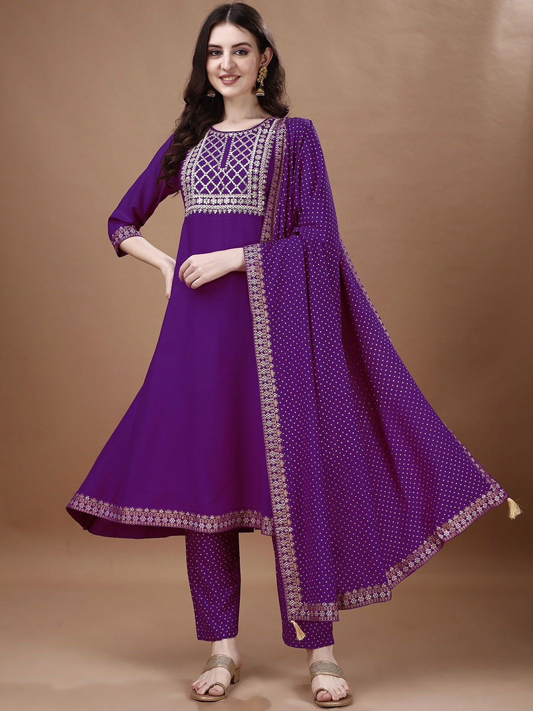 

WORIVOC Women Floral Yoke Design Regular Thread Work Kurta with Trousers & Dupatta, Purple