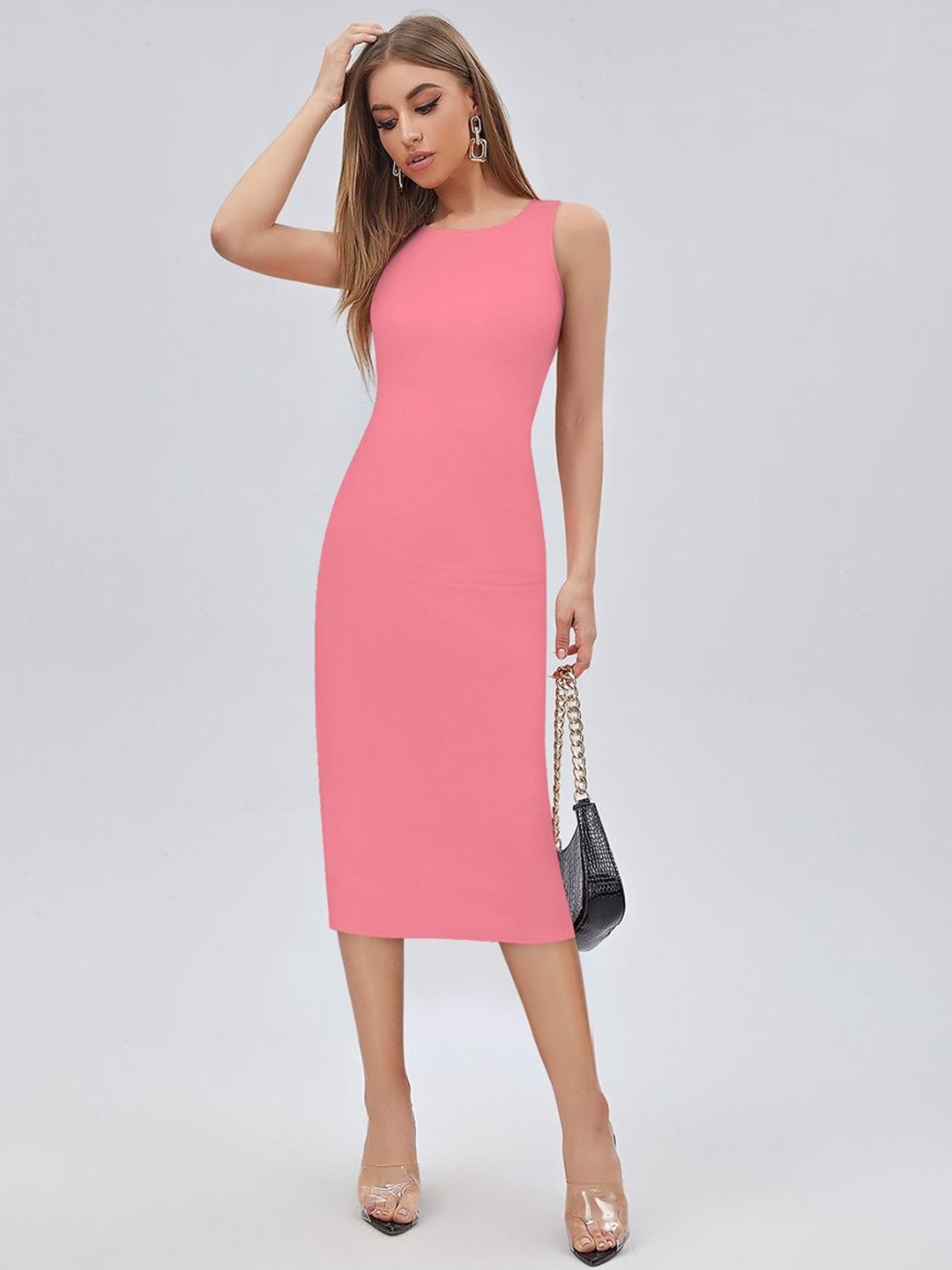 

BAESD Round Neck sleeveless Bodycon Midi Dress, Pink