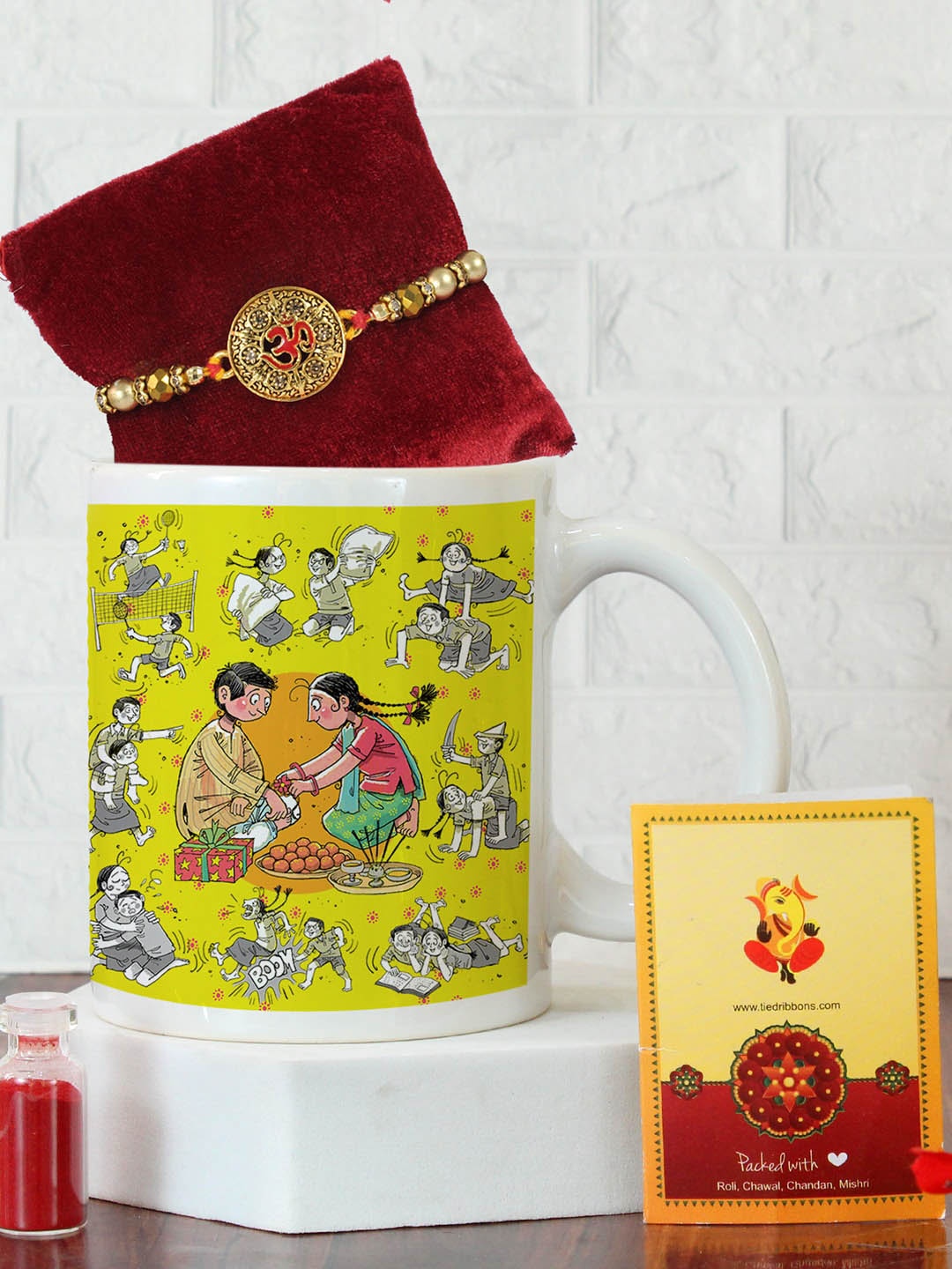 

TIED RIBBONS Om Brother Rakhi Set with Coffee Mug Card & Roli Chawal, Red