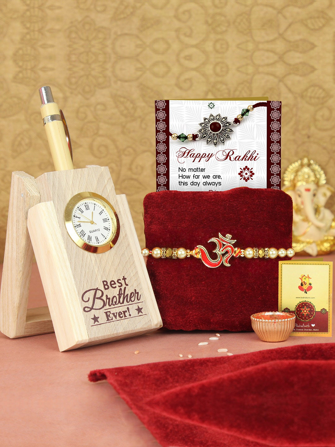 

TIED RIBBONS Brown Red Om Rakhi And Pen Stand Card Tikka Gift Set
