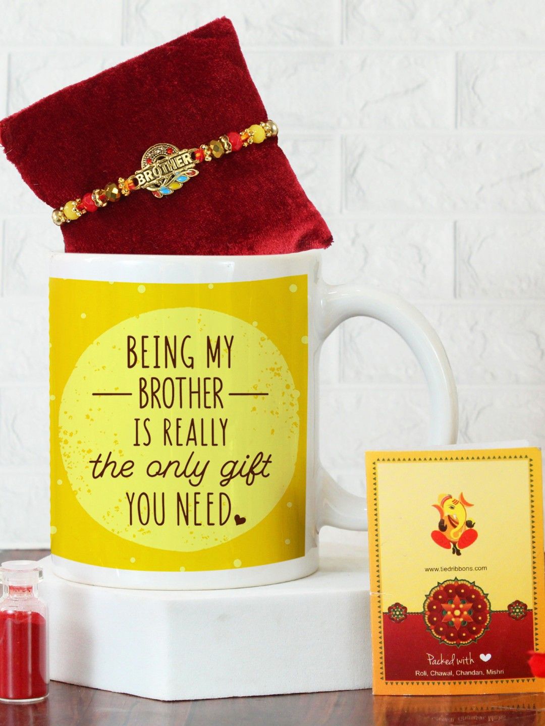 

TIED RIBBONS Yellow Red Brother Rakhi & Coffee Mug With Card Tikka Gift Set