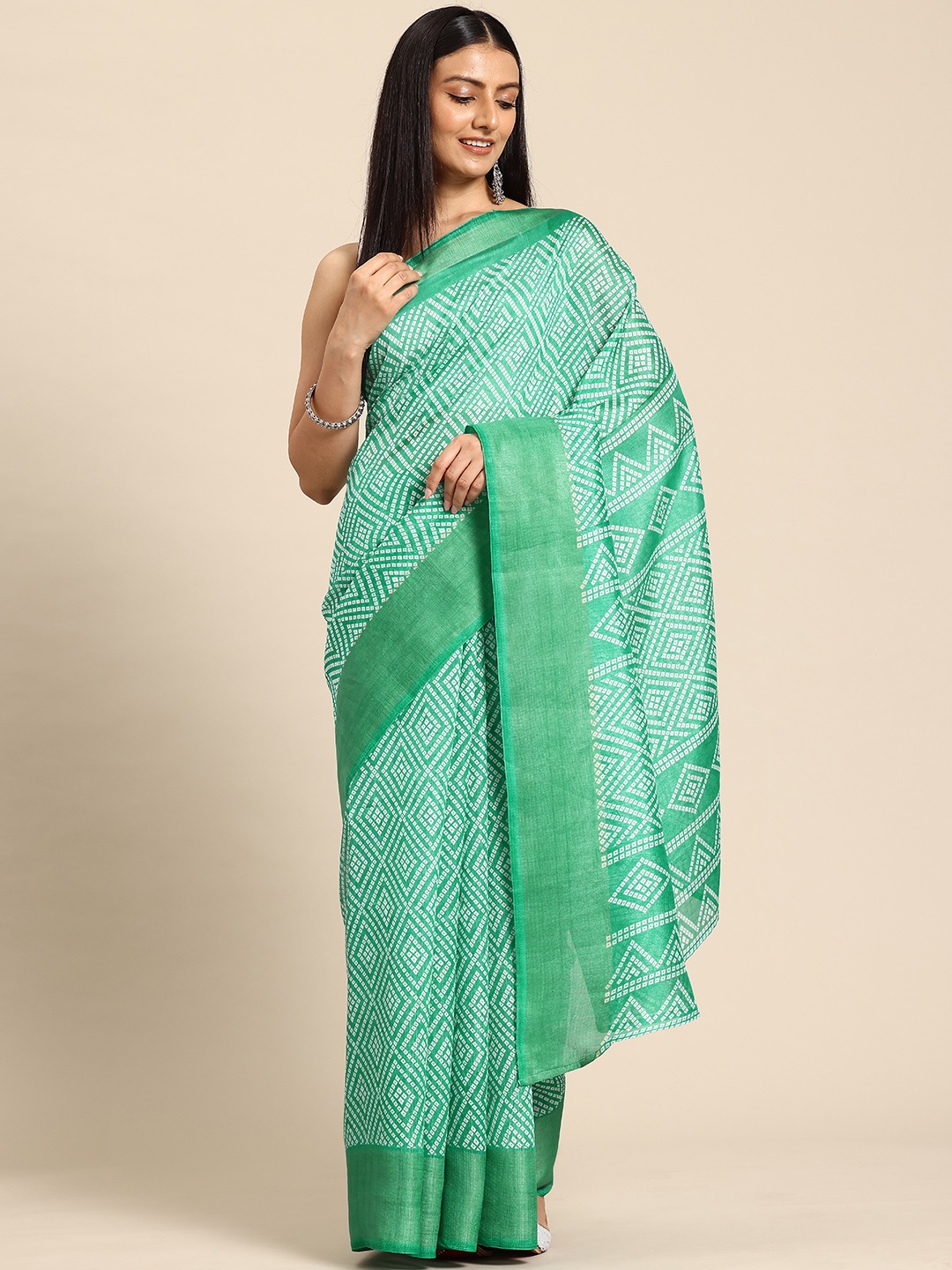 

HERE&NOW Bandhani Printed Zari Saree, Green