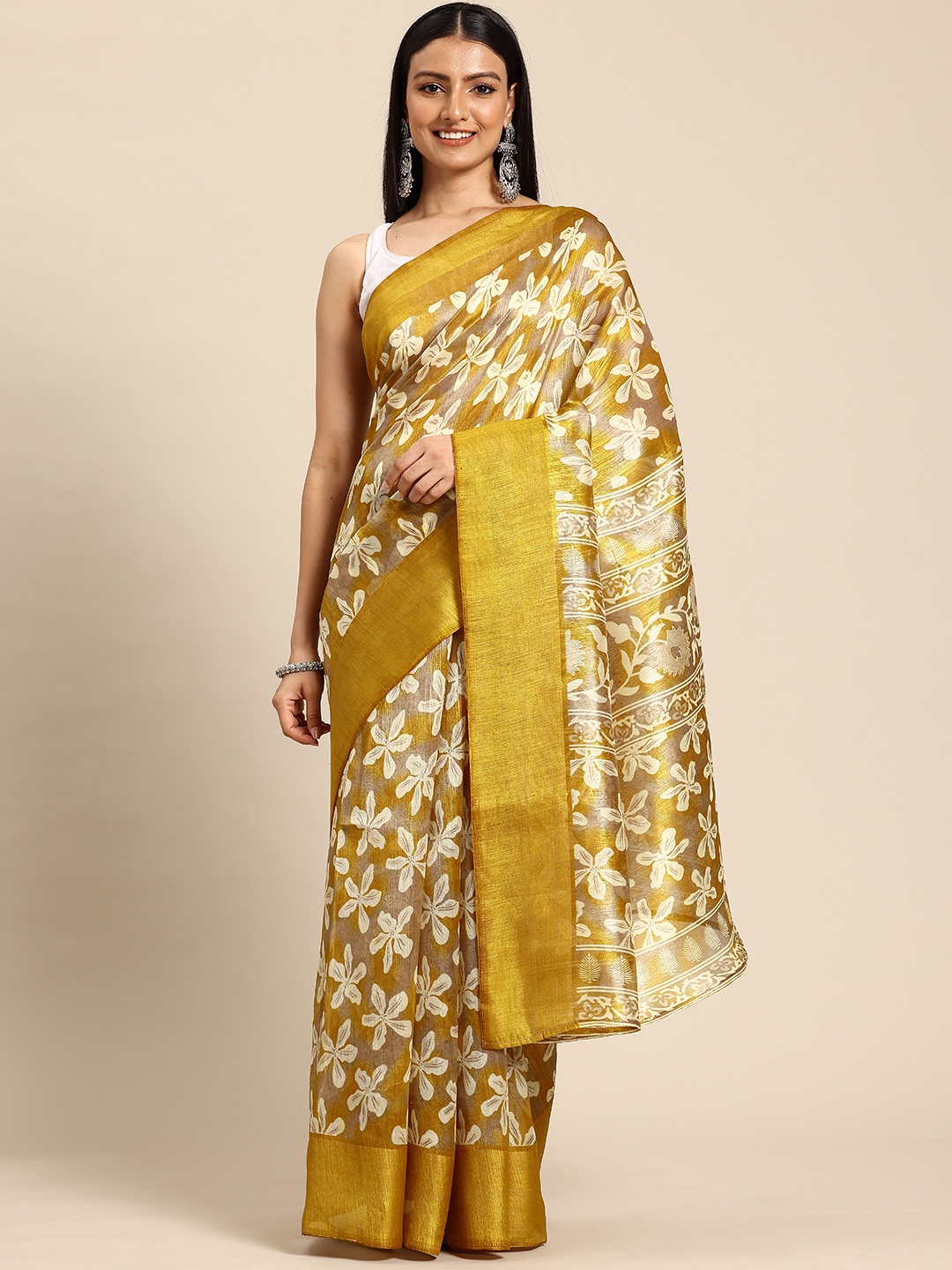 

HERE&NOW Floral Zari Block Print Saree, Yellow