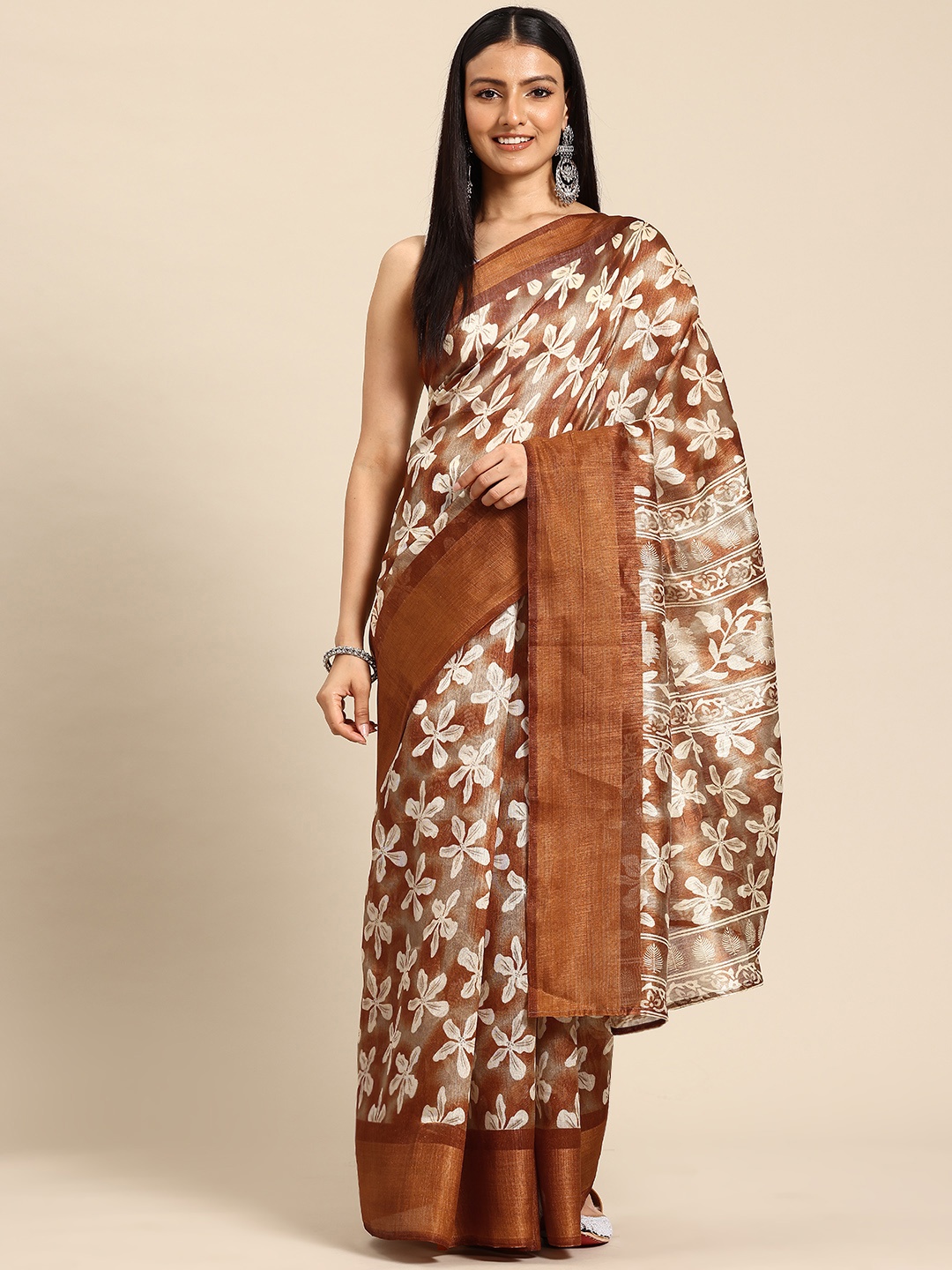 

HERE&NOW Floral Zari Block Print Saree, Brown