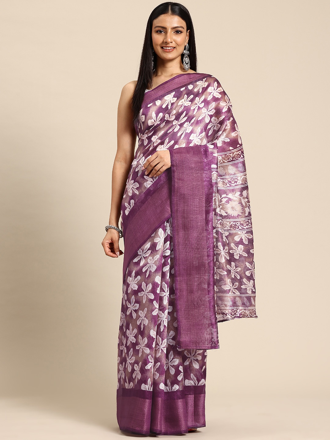 

HERE&NOW Floral Zari Block Print Saree, Purple