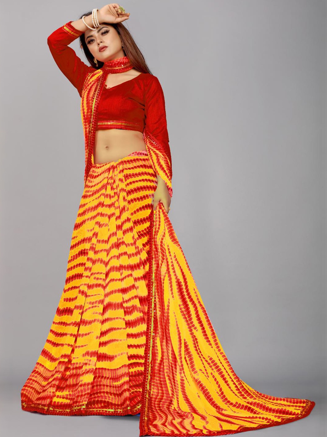 

SM TRENDZ Shibori Printed Cotton Silk Party Saree, Orange