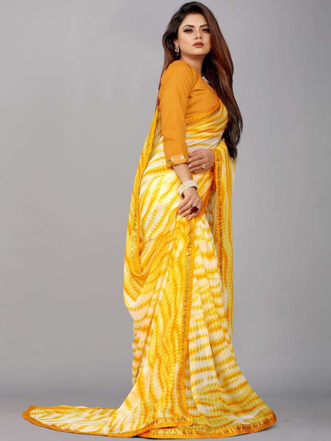 

SM TRENDZ Shibori Printed Cotton Silk Party Saree, Yellow