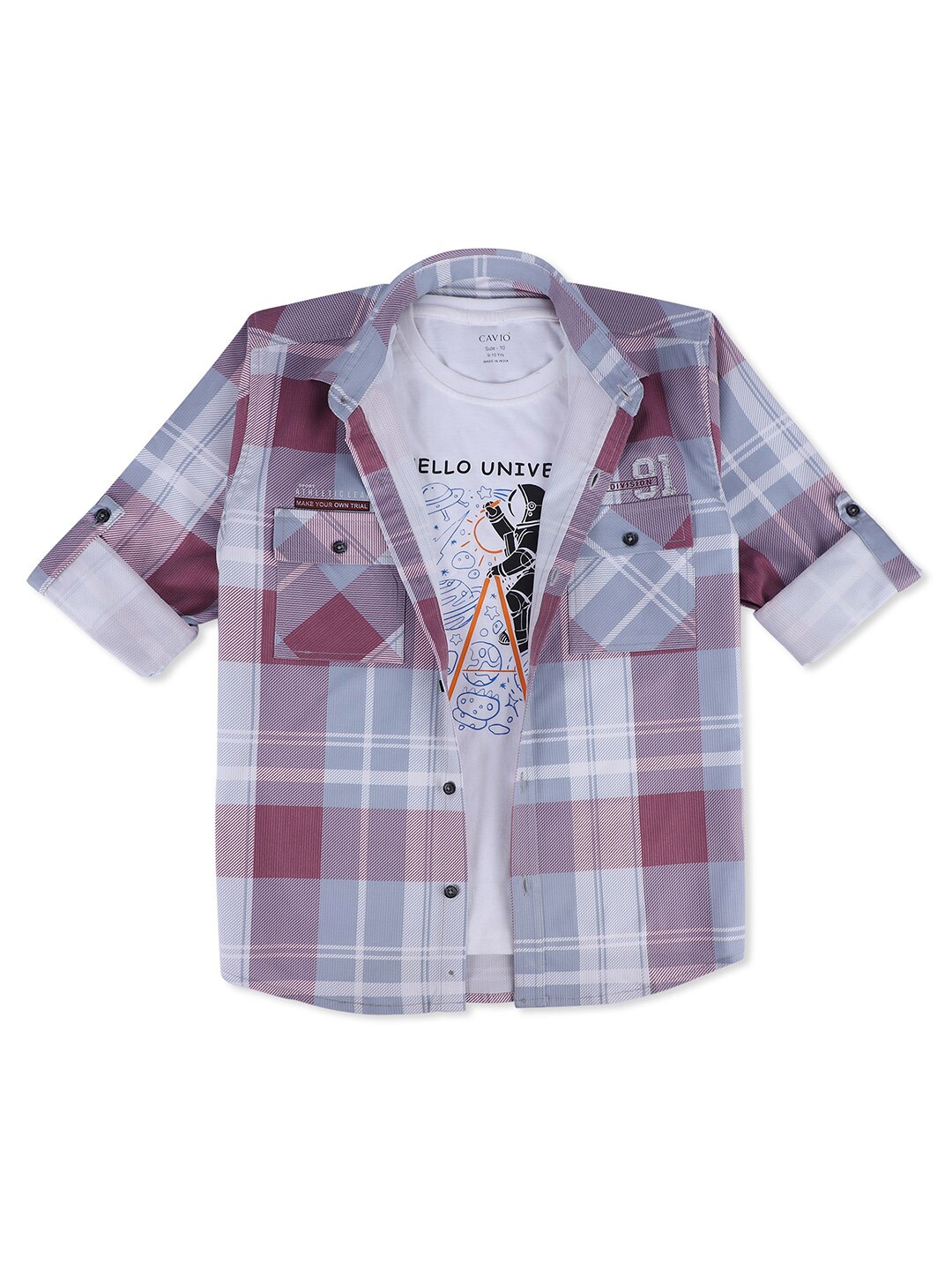 

Cavio Boys Roll-Up Sleeves Checked Casual Cotton Shirt & T-Shirt, Magenta