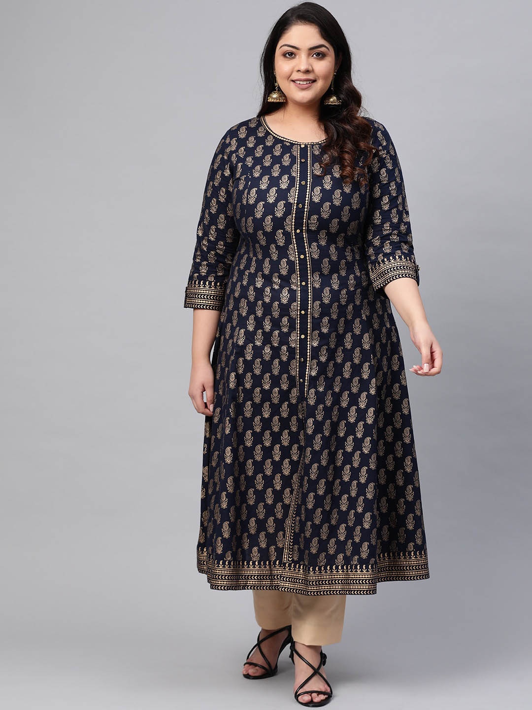 

KALINI Plus Size Women Ethnic Motifs Printed A-Line Kurta, Navy blue