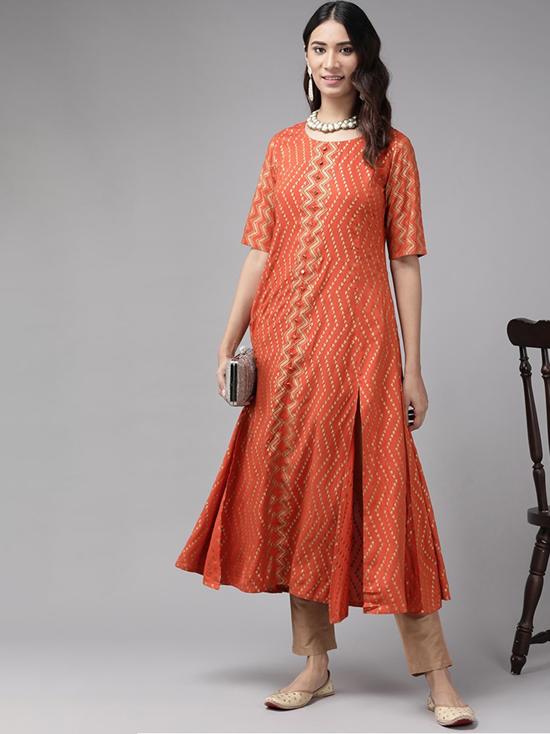 

KALINI Geometric Printed Round Neck Short Sleeves Anarkali Kurta, Orange