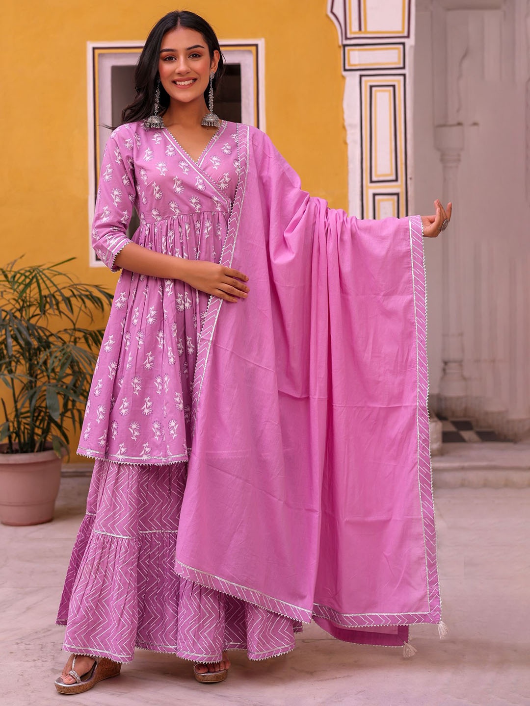 

HERE&NOW Floral Printed Pure Cotton Anarkali Kurta With Sharara & Dupatta, Lavender