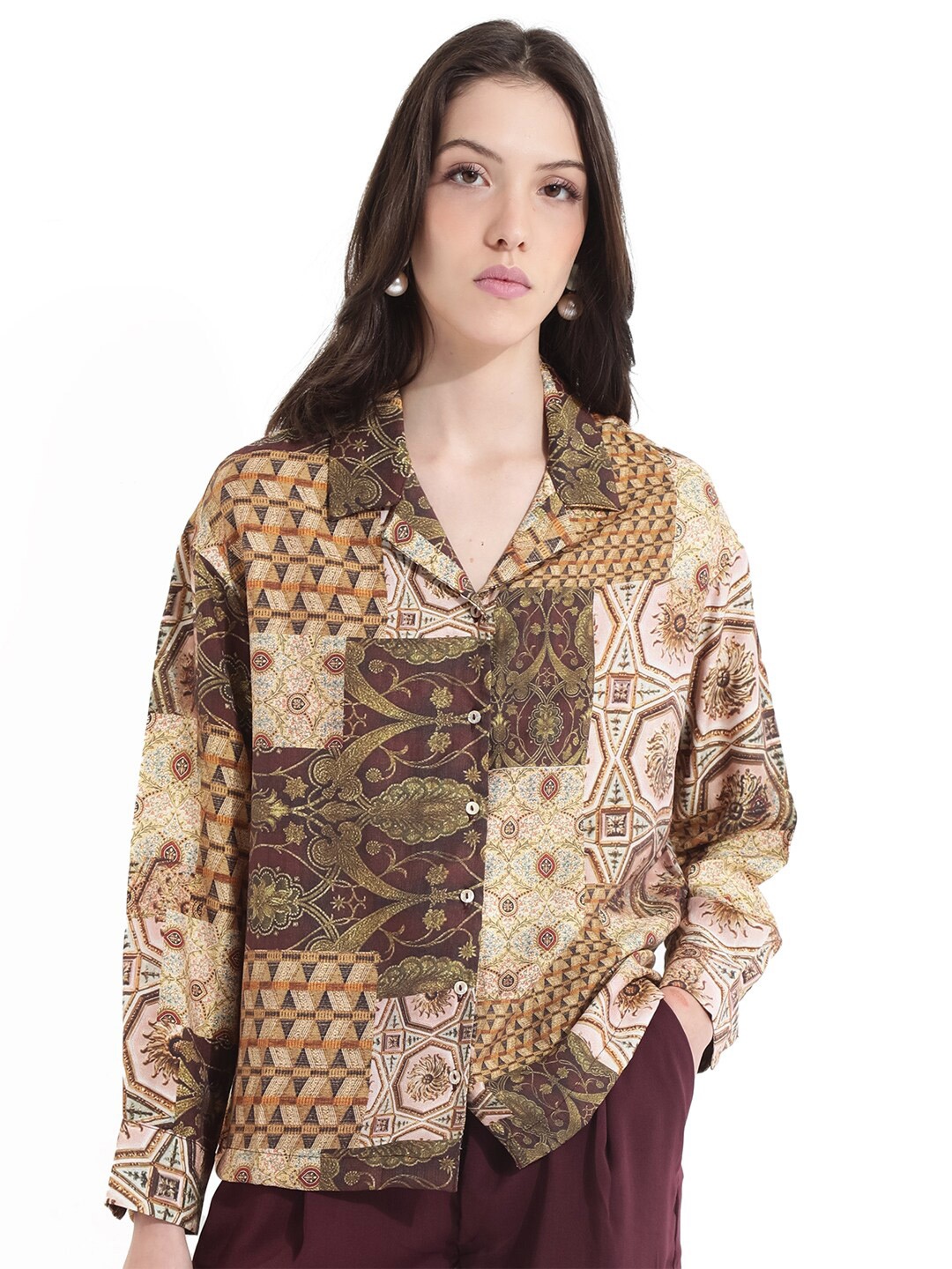 

RAREISM Ethnic Printed Shirt Collar Cotton Top, Brown