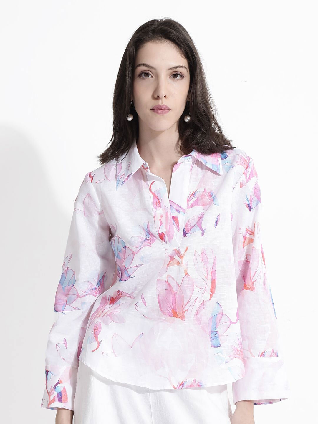 

RAREISM Floral Printed Shirt Collar Cotton Top, Multi