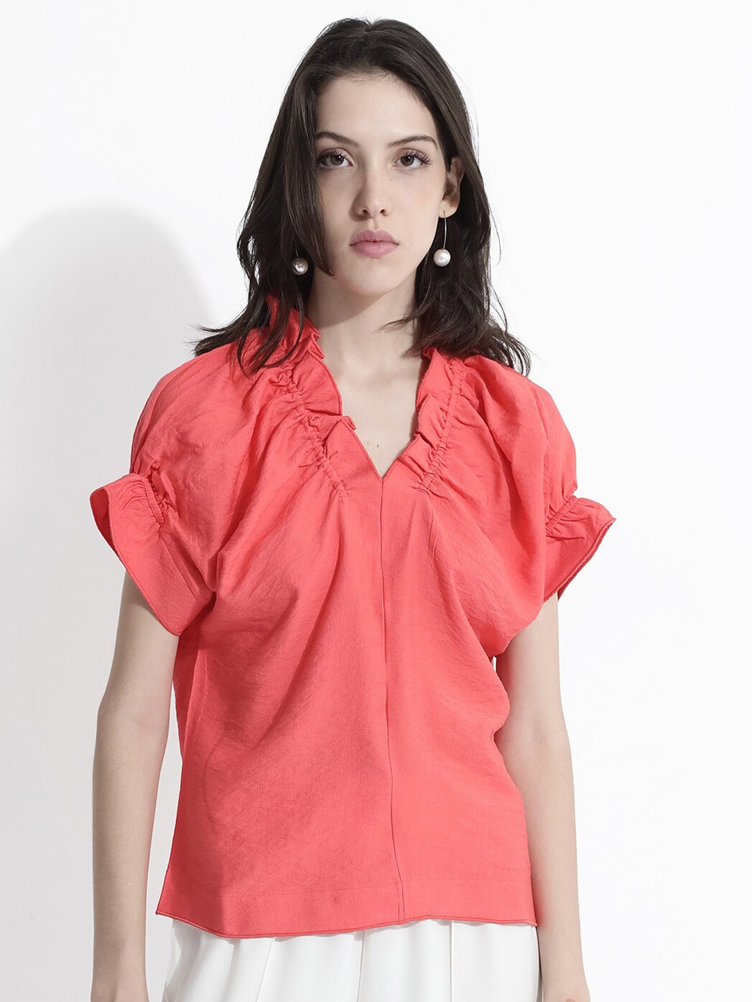 

RAREISM Solid V-Neck Extended Sleeves Top, Orange