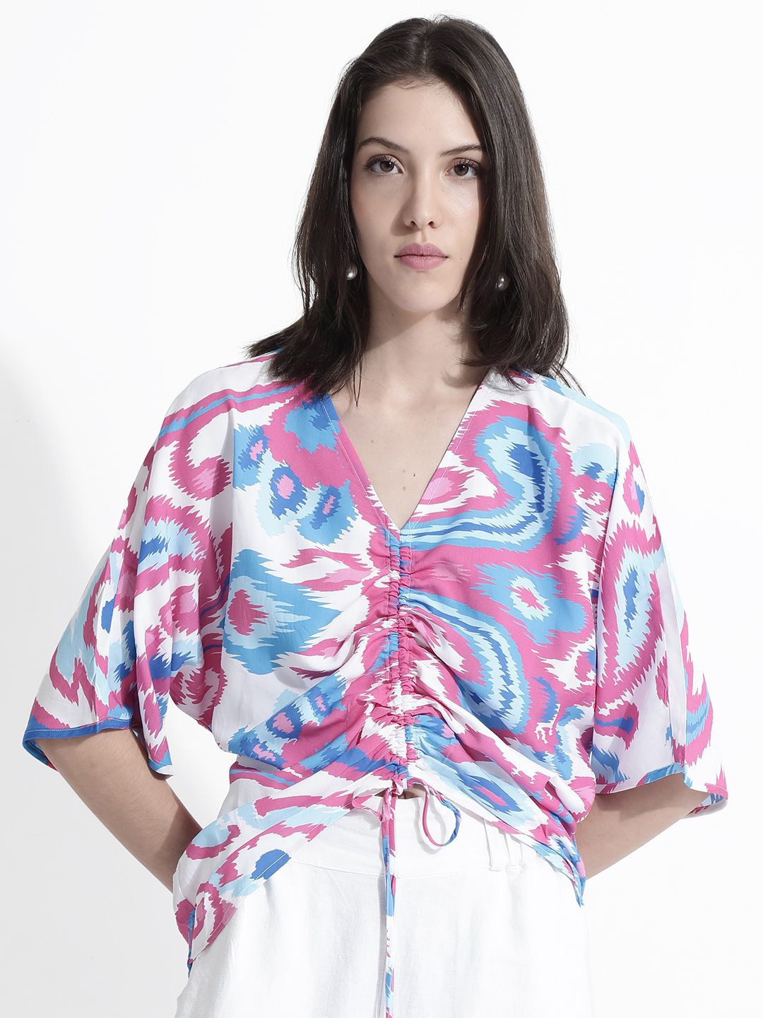 

RAREISM Ruched Flared Sleeves Cotton High-Low Top, White