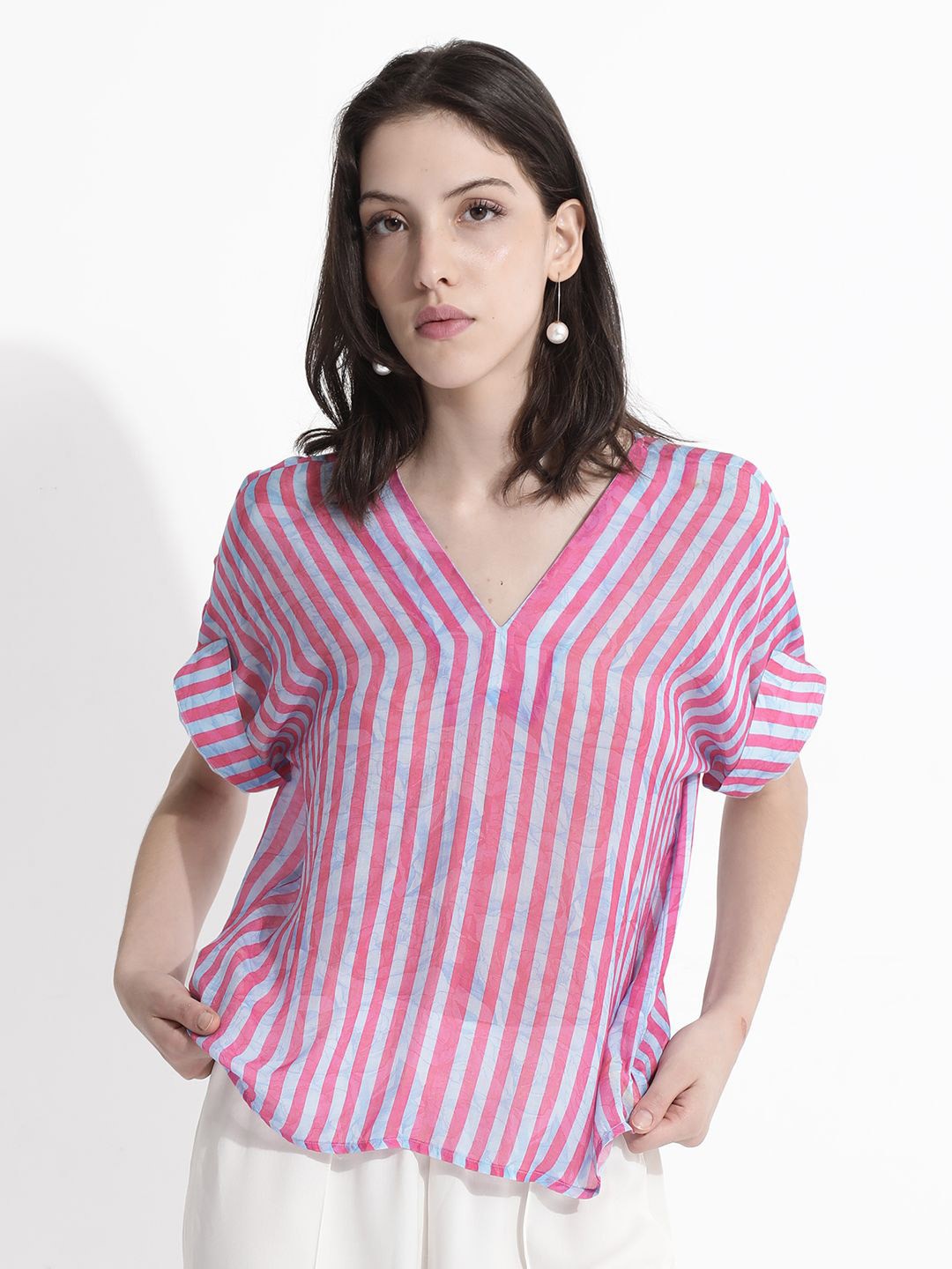 

RAREISM Women Striped V-Neck Top, Pink