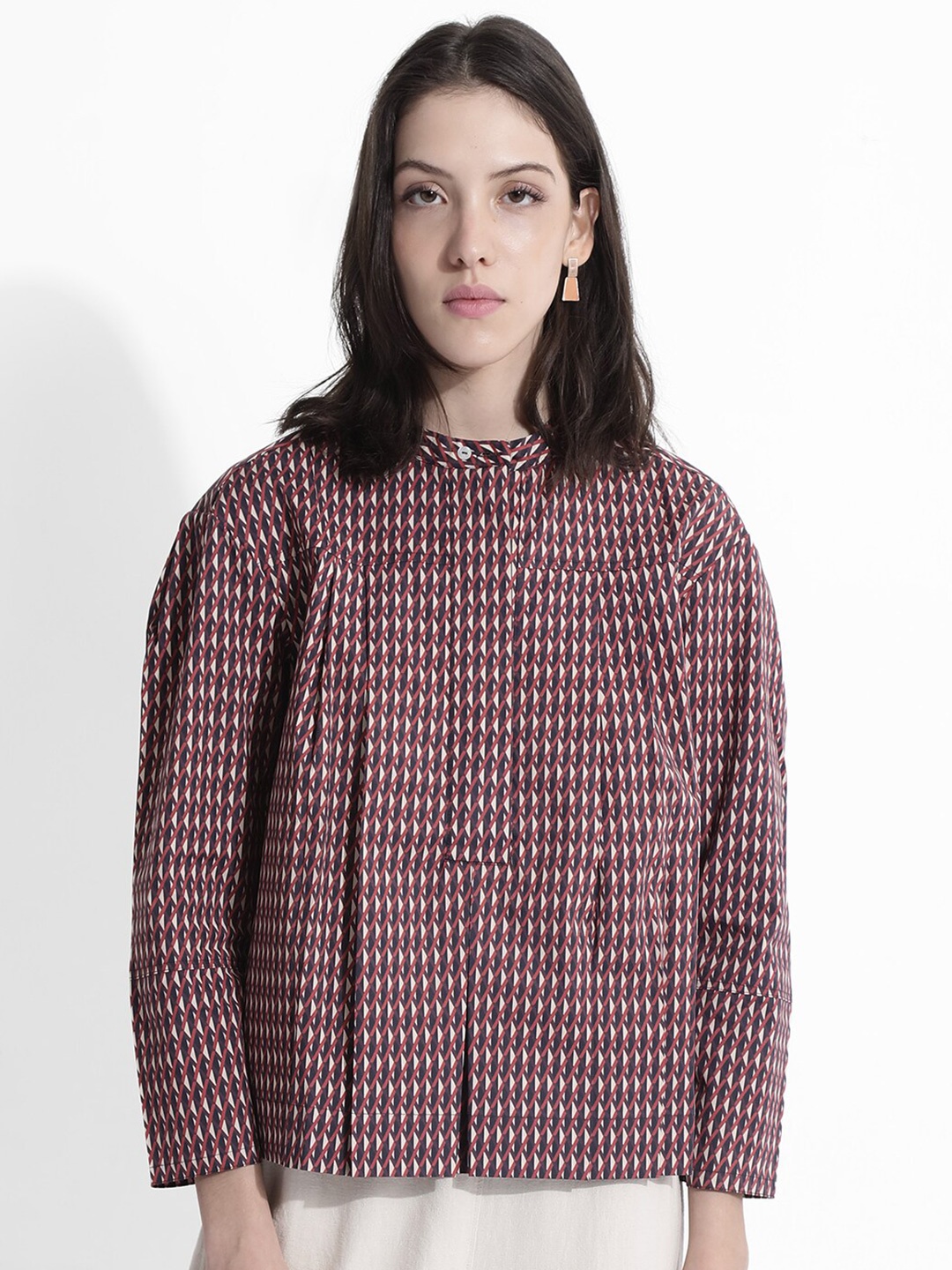 

RAREISM Checked Mandarin Collar Cotton Boxy Top, Black