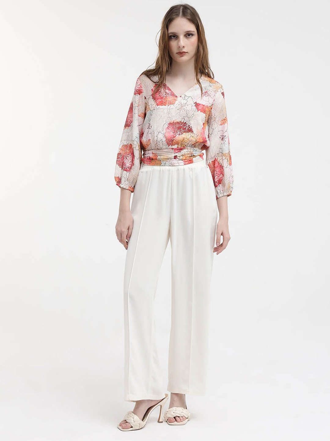 

RAREISM Floral Print Cotton Cinched Waist Top, White