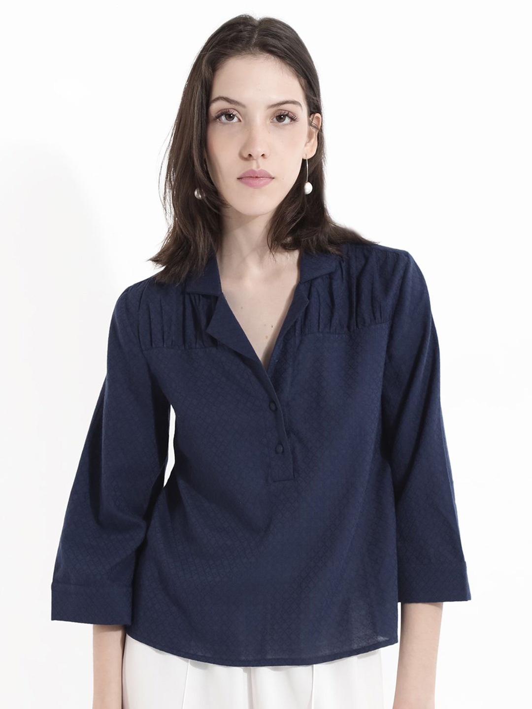 

RAREISM Flared Sleeve Cotton Boxy Top, Navy blue