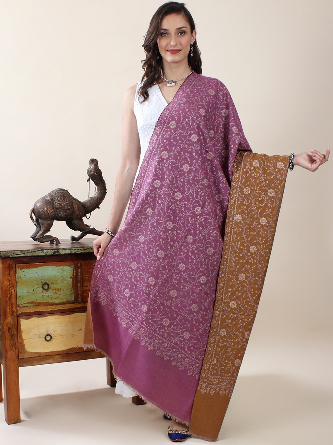 

Exotic India Women Floral Embroidered Pashmina Shawl, Brown